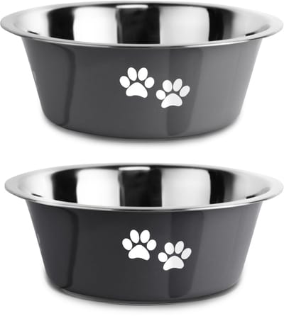 Set van 2 - Voerbakken - Voerbakken voor huisdieren - Roestvrij staal - Antislip rubberen voet - 21 cm - Bedrukt - Voerbak - Waterdispenser - Geschikt voor kleine, middelgrote en grote honden - 21 cm - 1450 ml - Zwart