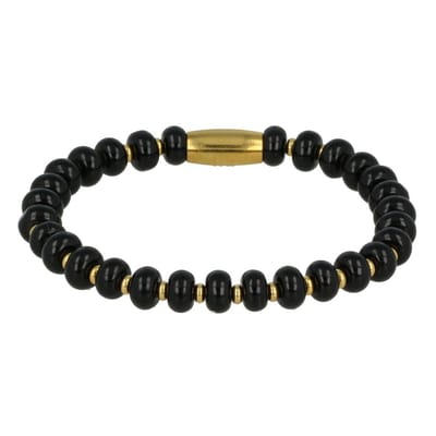 My Bendel - Elastische Armband met Onyx Edelsteen Goudkleurig - Goudkleurige Onyx Armband - Elastisch en Stijlvol - met Luxe Cadeauverpakking | Sieraden Voor Dames | Maat S