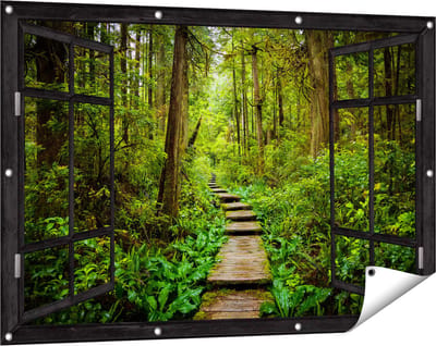 Gards Tuinposter Doorkijk Voetpad in het Bos met Groene Planten - 120x80 cm - Tuindoek - Tuindecoratie - Wanddecoratie buiten - Tuinschilderij