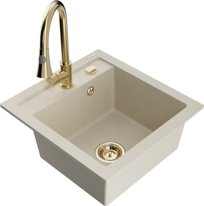Mexen Vito granieten gootsteen 1-komorige met keukenmengkraan Elia, beige - 6503-69-670101-50