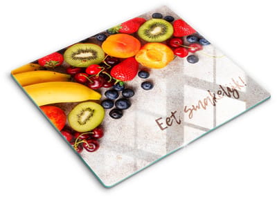 Wallfluent Glazen Snijplanken - Fruit, Eet smakelijk! Snijplanken Glas - 60 cm x 52 cm - Veelkleurig Snijplanken van Glas - Glazen Snijplank - Decoratieve Glazen Snijplank - Glazen Snijplank met Antislip
