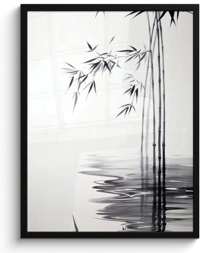 Poster in lijst - Fotolijst 50x70 cm - Posters - Bamboestammen - Water - Minimalistisch - Wit - Posterlijst zwart - Decoratie - Wanddecoratie woonkamer - Muurdecoratie slaapkamer