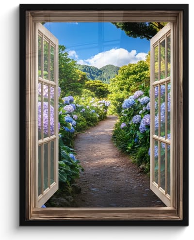 Poster in lijst - Fotolijst 50x70 cm - Posters - Doorkijk - Hortensia - Pad - Natuur - Posterlijst zwart - Decoratie - Wanddecoratie woonkamer - Muurdecoratie slaapkamer