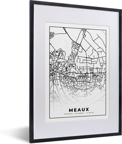 Fotolijst incl. Poster Zwart Wit- Stadskaart - Meaux - Plattegrond - Kaart - Frankrijk - Zwart wit - 30x40 cm - Posterlijst