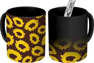 Magische Mok - Foto op Warmte Mokken - Koffiemok - Patronen - Zonnebloemen - Geel - Magic Mok - Beker - 350 ML - Theemok
