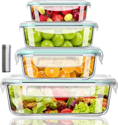 Famanu - Set van 4 glazen vershouddozen, borosilicaatglas, 370 ml/640 ml/1040 ml/1520 ml, glazen container met deksel en spons