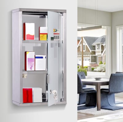 MEUNIQ afsluitbare medicijnkast 25 x 12 x 48 cm met 3 vakken, wandmontage, matglazen deur, 2 sleutels en RVS kast voor medicijnen en EHBO-artikelen