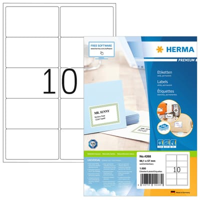 Adresetiketten HERMA 4268, permanent klevend, zelfklevend, bedrukbaar, B 99,1 x H 57 mm, FSC® papier, wit, 1000 stuks/100 vellen
