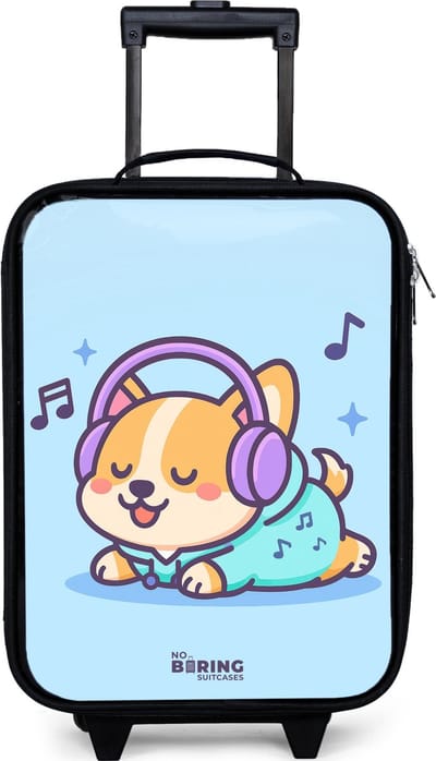 NoBoringSuitcases.com® - Kinderkoffer jongen - Kindertrolley meisje - Kawai - Hond - Muziek - Koffer kind lichtgewicht - Reiskoffer trolley voor kinderen - Koffertje met lichtgevende wieltjes - Rolkoffer zwart