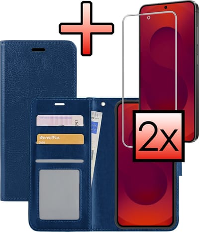 Hoesje - Met Screenprotector - Geschikt voor Samsung Galaxy S25 FE - Luxe Pasjeshouder - Bookcase Portemonee - Flip Case - Kunstleer Book Case - Flipcase - Book Cover - Walletcase - Portemonneehoes - Donkerblauw