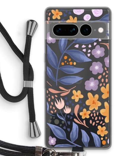 Case Company® - Hoesje met koord geschikt voor Google Pixel 7 Pro hoesje met Koord - Flowers with blue leaves - Telefoonhoesje met Zwart Koord - Bescherming aan alle Kanten en Over de Schermrand