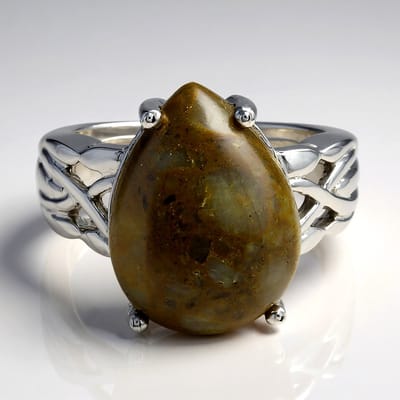 Cavill - Zilveren Ring - 925 Sterling Zilver - 9,56 ct Dinosauruskwarts Peervormige Cabochon - Handgevlochten Band - Elegante Edelsteen