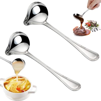 2 stuks - Sauslepel - Pollepel - Soeplepel groot - Opscheplepel - schenk lepel - schenk lepel lang - dessertlepels - soeplepel rvs - Zilver - Geschikt voor hete pannen en stoofschotels - praktisch en multifunctioneel keukengereedschap