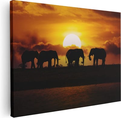 Artaza Canvas Schilderij Olifanten Kudde - 40x30 cm - Klein - Wanddecoratie Afrikaanse Dieren - Muurdecoratie Zonsondergang - Kamer Accessoires Woonkamer