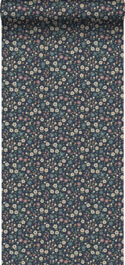ESTAhome behang bloemetjes donkerblauw, lila roze en vergrijsd groen - 53 cm x 10.05 m - 139471