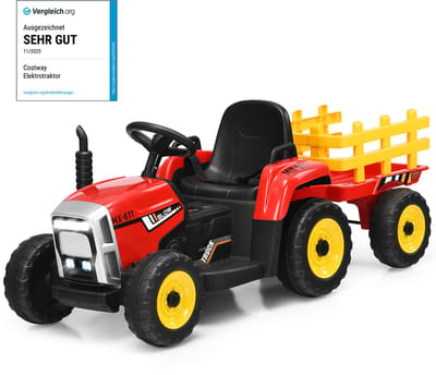 COSTWAY 12 V 3 versnellingen tractor met afneembare hanger en 2,4 G afstandsbediening, kinderopzittractor met ledverlichting, muziek, claxon en USB-functies, geschikt voor kinderen vanaf 3 jaar (rood)