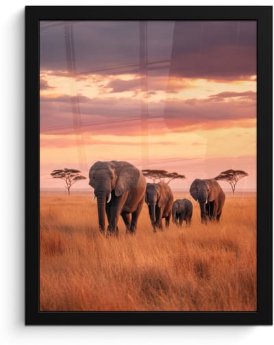 Poster in lijst - Fotolijst 30x40 cm - Posters - Groep olifanten - Open vlakte - Zon - Posterlijst zwart - Decoratie - Wanddecoratie woonkamer - Muurdecoratie slaapkamer