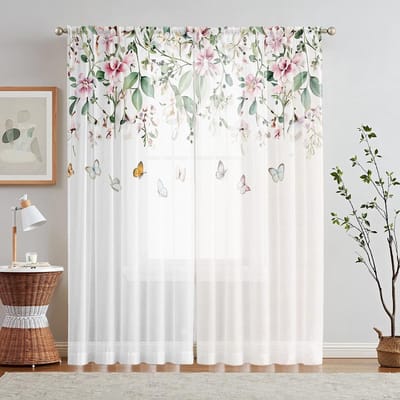Lot de 2 rideaux imprimés floraux papillons numériques HD simples, décoration d'intérieur, style décoratif, salon, chambre à coucher W52H63inchW132H160cm white