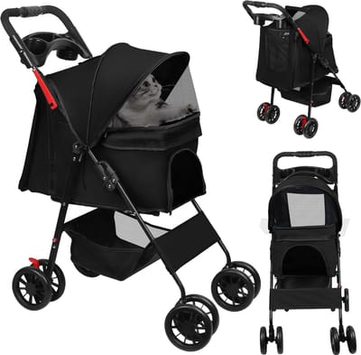PIPIPOXER Huisdier wandelwagen-reiswagen -huisdier-Hondenbuggy tot 20 kg-kattenwagen- 4 stuks rubberen wielen met schokdemping- mand en zonwering -buggy-Tas - Oxfordstof-zwart
