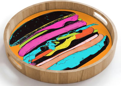 Dienblad rond 40x40 cm - Schootdienblad hout - Hamburger - Kleurrijk - Speels - Borrelplank rechthoek - Plateau houten dienbladen