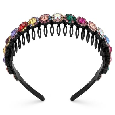 Zwarte haarband met multicolor strass stenen – dames diadeem met kristallen bloemen – feestelijke haaraccessoire met antislip tanden