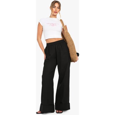 boohoo Dames Linnen Turn Up Broeken met wijde pijpen | Zwart | Maat: 34