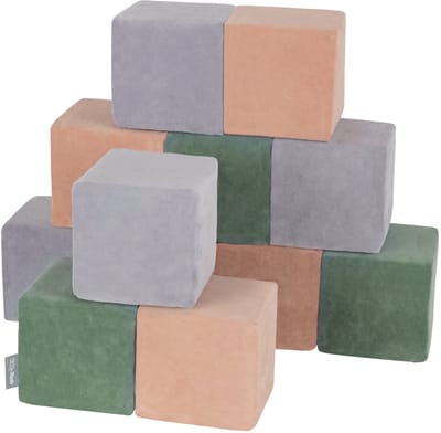 KiddyMoon foam kubussen voor baby van velours zachte blokken foam speelgoed montessori speelgoed met foam en veel plezier voor kinderen, made in the eu, 12 stuks, blokken:forestgreen-desertpink-