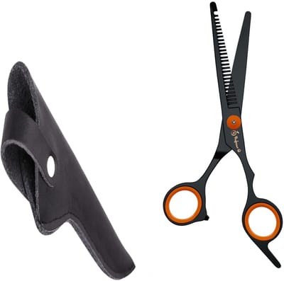 Professionele Uitdunschaar voor Honden – Rechtshandig – RVS Effileerschaar / Coupeschaar – Ideaal voor Dikke & Langharige Vachten – Inclusief Luxe Lederen Etui – 16,5 cm – Zwart
