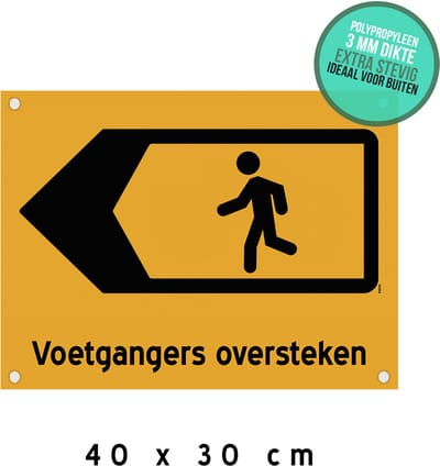 Pictogram/ bord + boorgaten | "Voetgangers oversteken" - pijl naar links | 40 x 30 cm | Oranje | Wegomlegging | Let op! | Werken aan de weg | Voetpad | Werkzaamheden | School | Omleiding | Wegenwerken | 1 stuk