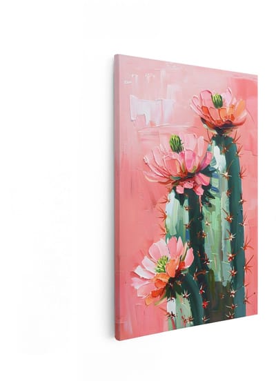 Artaza Canvas Schilderij Bloeiende Cactus - 20x30 cm - Wanddecoratie Plant - Muurdecoratie Boho - Kamer Accessoires Roze