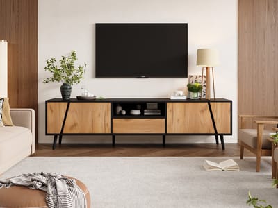 Wishdor Tv-Meubel - 2 Kasten En 1 Lade - Druk-Om-Te-Openen - Spaanplaat Met Massiefhouten Poten - Zwart En Naturel - 180 X 40 X 46 Cm