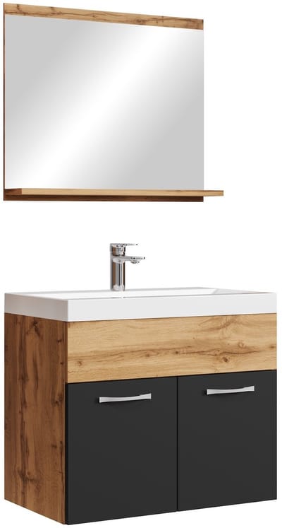 Badplaats Badkamermeubel Montreal Set 02 60 x 35 cm – Eiken met Mat Zwart – Hangend Meubel met Wastafel en Spiegel