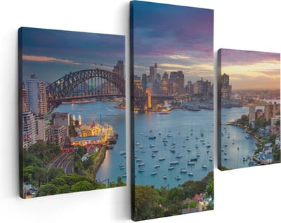 Artaza Canvas Schilderij Drieluik Sydney Harbour Bridge in de Avond - 90x60 - Foto Op Canvas - Canvas Print
