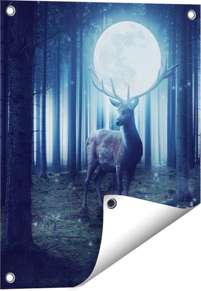 Gards Tuinposter Hert in het Bos tijdens Volle Maan - 40x50 cm - Tuindoek - Tuindecoratie - Wanddecoratie buiten - Tuinschilderij