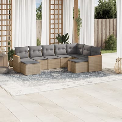 vidaXL - 9-delige - Loungeset - met - kussens - poly - rattan - gemengd - beige