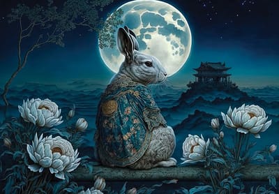 Vliesbehang - Fotobehang - Konijn - Nacht - Donker - Maan - Bloemen - Landschap - 254x184cm