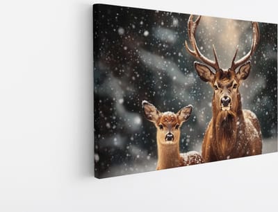 Saammp Canvas Schilderij - herten familie in de sneeuw - Natuur - Dieren - 45x30 - Foto op canvas - Wanddecoratie - Muurdecoratie Woonkamer - Slaapkamer decoratie - Canvas Print