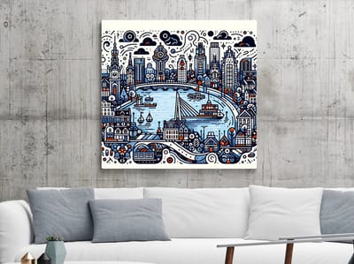 Doodle rotterdam schilderij | Rotterdamse stadsgezichten verweven tot levendige Doodle kunstwerk, een meesterwerk | Kunst - 80x80 centimeter op Forex | Foto op Forex