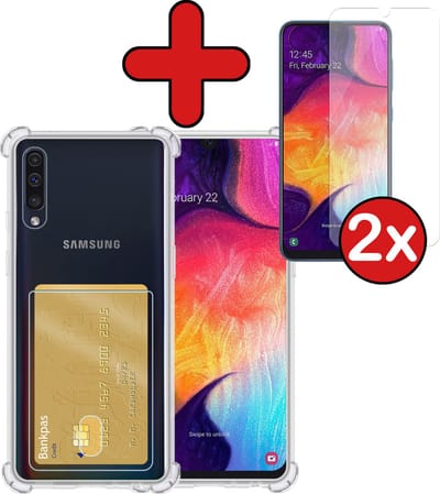 Hoesje - Geschikt voor Samsung Galaxy A50 / A50s - Met 2x Screenprotector - Pashouder - Kaarthouder - Back Cover - Telefoon Hoes Shockproof - Siliconen Case - Shock Proof - Pasjes Houder - Telefoonhoes - Transparant