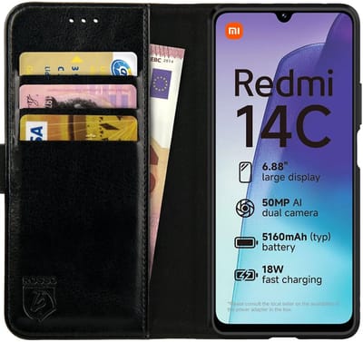 Rosso Element Geschikt voor Xiaomi Redmi 14C | Wallet Book Case | Portemonnee Hoesje | 3 Pasjes | Magneetsluiting | Stand Functie | Zwart