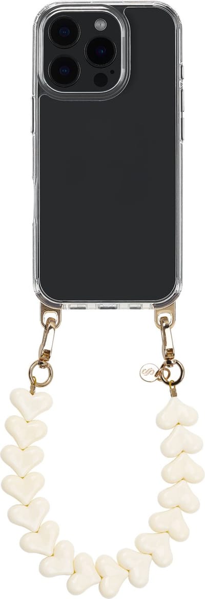 Selencia Transparant Hoesje met Haakjes inclusief Hartjes Polskoord - Geschikt voor Apple iPhone 16 Pro - Beige