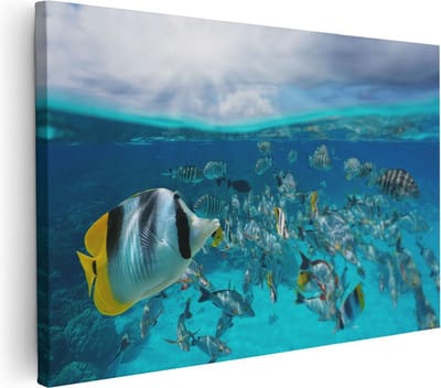 Artaza Canvas Schilderij Zee En Strand - 30x20 cm - Klein - Wanddecoratie Onderwaterwereld - Muurdecoratie Vissen - Schilderijen Op Canvas Tropisch