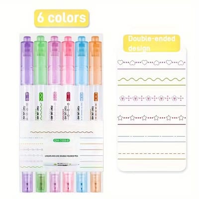 6-delige Dubbelzijdige Markerset – Bloemenprofiel & Boogvorm – Kleurige Markers voor Handlettering, Scrapbooking & Creatief Schrijven