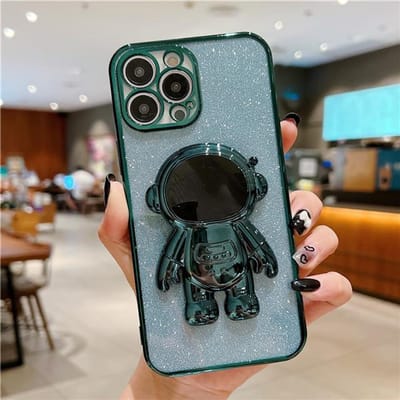 Mode Glanzende Astronaut Voetstandaard Telefoonhoesje Voor iPhone 16 15 14 13 11 Pro XR Xs Max 12 Mini Plating Houder Cover Op 7 8 Plus iPhone 16 Plus gray
