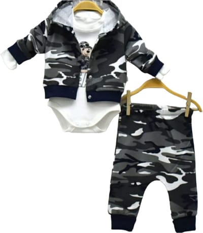 Baby Jongens / 3 pce Kledingset - babykleertje - babykleding - Bear - met capuchon - Donkerblauw/ grijs- Maat: 56/62 - Militaire camouflage