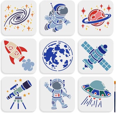 SnelShoppen - 9-delige Ruimte Astronaut Sjabloon Set 15x15cm Herbruikbare Stencils met Borstel voor Ruimte Thema Decoratie, Creatieve Knutselprojecten