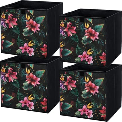 LAVITA Opbergmand textiel 31x31x31 Bloemen 4 stuks - Opvouwbare stoffen opbergbox en kast organizer voor kleding