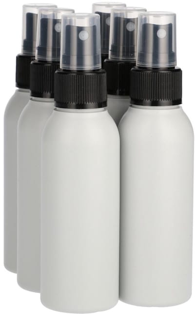 6 x Gerecyclede Plastic Fles 100 ml Spraypomp zwart - Rond- Gerecycled HDPE Kunststof - Onbreekbaar - ca. 70% minder Co2 uitstoot door gerecycled materiaal - 6 stuks