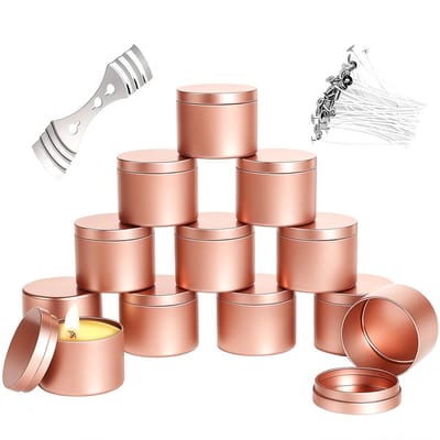 **Dexpally 12 stuks Kaarsglazen om te vullen, Lege Kaarsenpotten met Deksel, 120 ml Candle Jar in Roségoud, Inclusief 60 Lonten – Ideaal voor DIY-kaarsen, Kruiden, Sieraden, Poeder & Snoep**