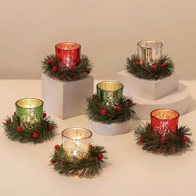 Kaarsenhouders voor kersttafel: 6 stuks glazen theelichthouders met kransring voor kerstdecoraties - feest woondecoratie votief - kaars standaard voor kerst - mantel open haard dineren.